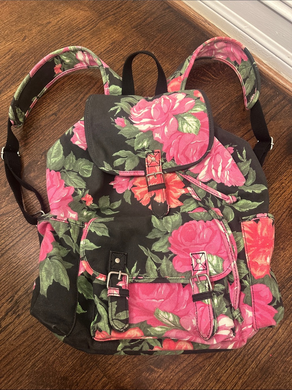 Aeropostale Black Floral Canvas Backpack with Pink Roses